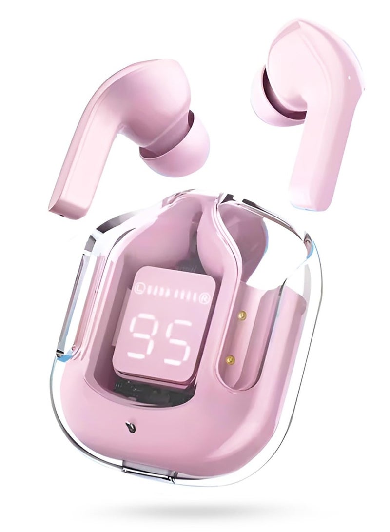 HY Crystal-T6 Earbuds With LED Display Gaming Headphones Portable Stereo HD Sound Microphone Crystal Case Noise Cancellation With Charging(Pink)