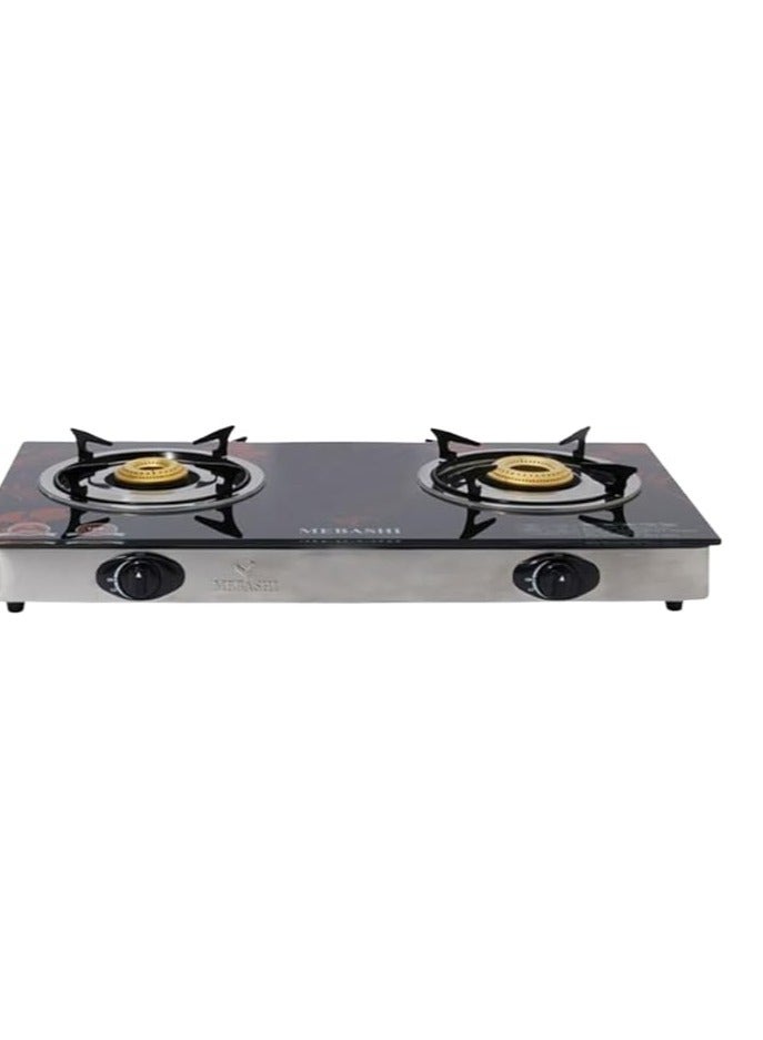 MEBASHI Double Burner Gas Stove | Red Tempered Glass with Heavy Cast Iron Burners, Auto Ignition & Italian Technology (ME-GS1002G)