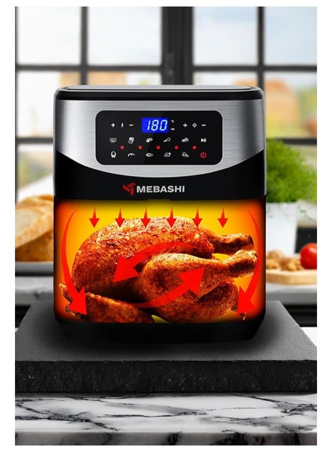 Mebashi 11L Air Fryer Black Silver, Stainless Steel Air Fryer, 12 Pre-Set Programs,(1700W-2050W) Glass Window (ME-AF957)