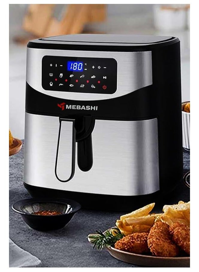 Mebashi 11L Air Fryer Black Silver, Stainless Steel Air Fryer, 12 Pre-Set Programs,(1700W-2050W) Glass Window (ME-AF957)