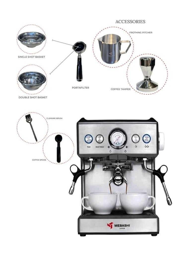 MEBASHI Commercial Coffee Machine, 2.1L Capacity, 20 Bar Pressure, (ME-CCM2051) (1350W)(Stainless Steel)