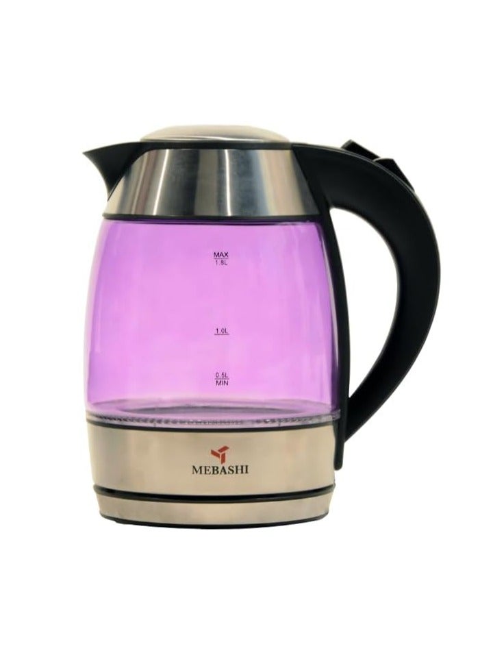 MEBASHI 1.8L Pink Glass Kettle with Cordless Design and Auto Shut-Off(ME-KT1101GPP) (1850-2200W)