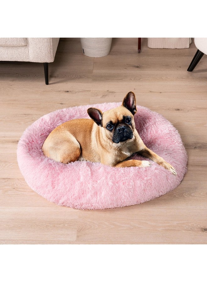 Calming Dog Bed For Small Medium Dog Cat, Round Donut Dog Bed Washable, Fluffy Faux Fur Plush Cuddler Pet Kitten Cushion Bed, AntiSlip, Fits Up To 25 Lbs, 23 Inch, Pink