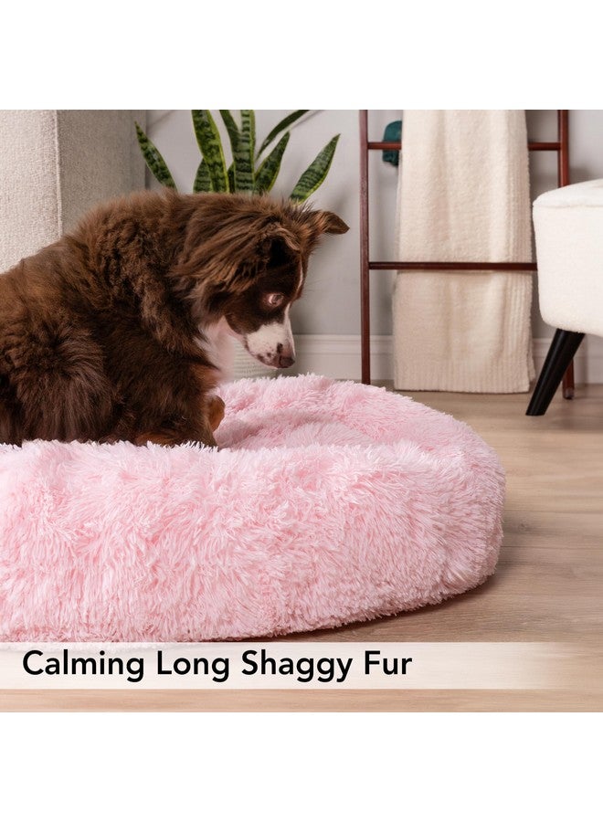 Calming Dog Bed For Small Medium Dog Cat, Round Donut Dog Bed Washable, Fluffy Faux Fur Plush Cuddler Pet Kitten Cushion Bed, AntiSlip, Fits Up To 25 Lbs, 23 Inch, Pink