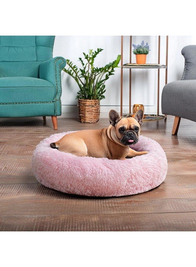 Calming Dog Bed For Small Medium Dog Cat, Round Donut Dog Bed Washable, Fluffy Faux Fur Plush Cuddler Pet Kitten Cushion Bed, AntiSlip, Fits Up To 25 Lbs, 23 Inch, Pink