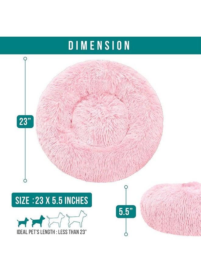 Calming Dog Bed For Small Medium Dog Cat, Round Donut Dog Bed Washable, Fluffy Faux Fur Plush Cuddler Pet Kitten Cushion Bed, AntiSlip, Fits Up To 25 Lbs, 23 Inch, Pink