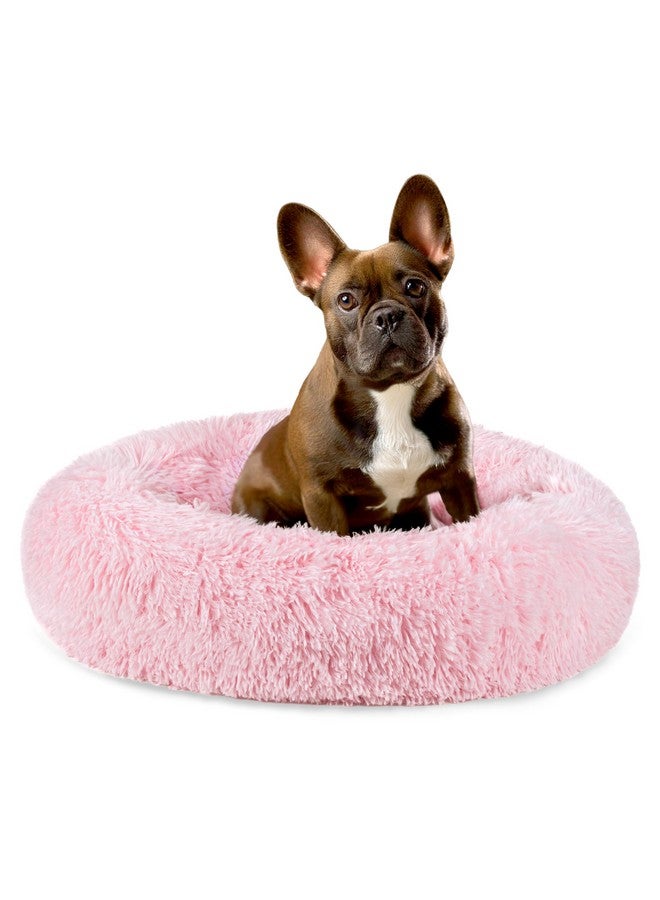 Calming Dog Bed For Small Medium Dog Cat, Round Donut Dog Bed Washable, Fluffy Faux Fur Plush Cuddler Pet Kitten Cushion Bed, AntiSlip, Fits Up To 25 Lbs, 23 Inch, Pink