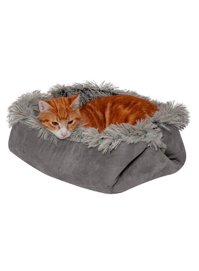 SelfWarming Cat Bed For Indoor Cats, 4BedsIn1 & Washable  Plush Long Faux Fur Convertible Cuddler  Gray, Small