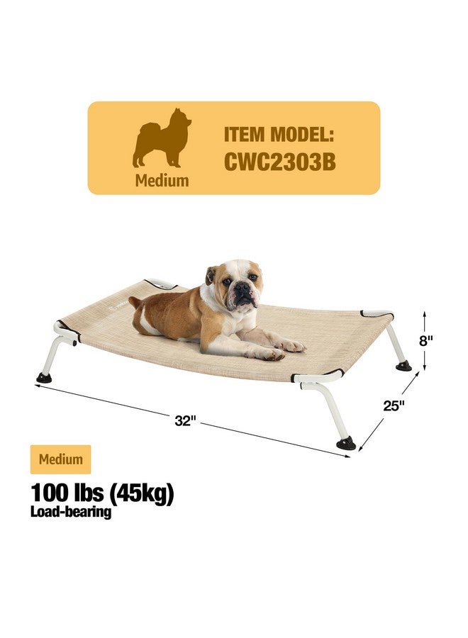 Curved Cooling Elevated Dog Bed, White Frame Outdoor Raised Dog Cot, Chew Proof Pet Bed With Washable & Breathable Textilene Mesh, NonSlip Feet For Indoor & Outdoor, Medium, Beige, Cwc2303B