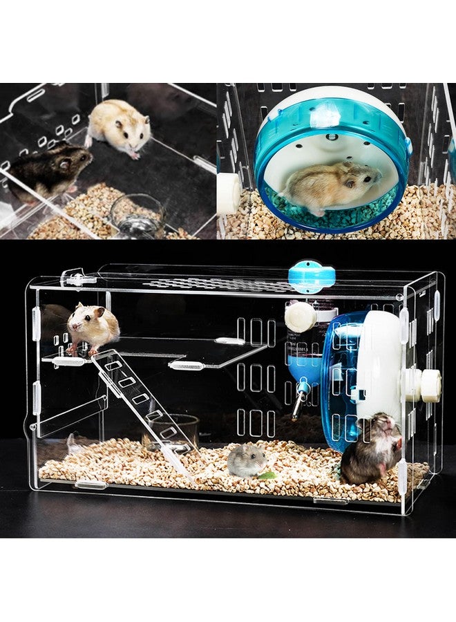Dwarf Hamster Cage Transparent Hamsters Cages And Habitats Gerbils Acrylic Cage Cute Mini Pet Habitat With Accessories Exercise Wheel Water Bottle Food Bowl For Small Animal Blue