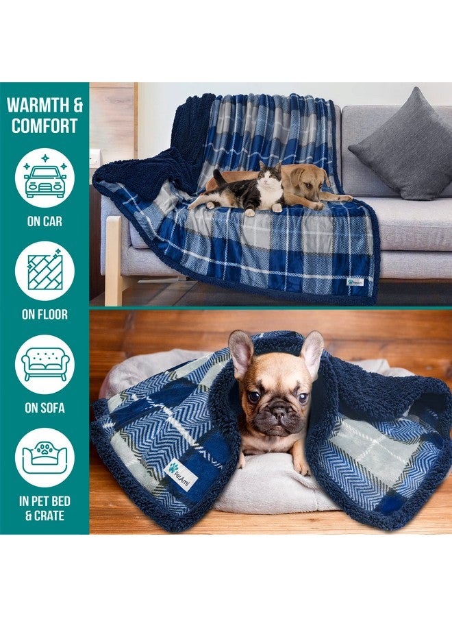 Dog Blanket For Medium Large Dogs, Pet Bed Blanket Cat Puppy Kitten, Fleece Furniture Couch Cover Protector Sofa Car, Soft Sherpa Dog Throw Plush Reversible Washable, 40X60 Plaid Navy Blue