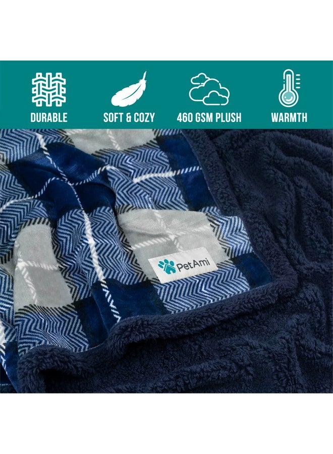 Dog Blanket For Medium Large Dogs, Pet Bed Blanket Cat Puppy Kitten, Fleece Furniture Couch Cover Protector Sofa Car, Soft Sherpa Dog Throw Plush Reversible Washable, 40X60 Plaid Navy Blue