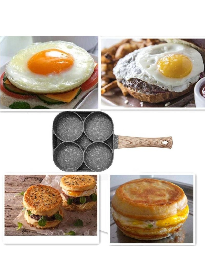 4 Hole Omelet Pan for Burger Eggs Ham Pancake Maker Wooden Handle Frying Pot Non-Stick Cooking Breakfast