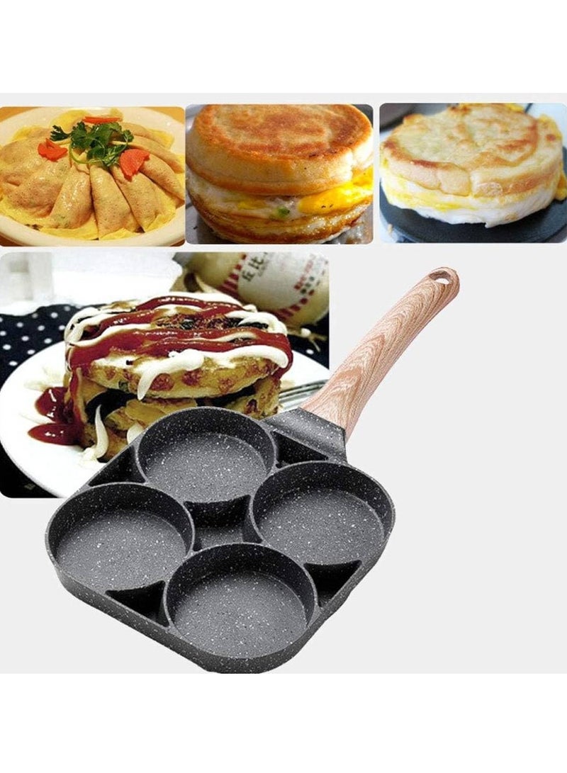 4 Hole Omelet Pan for Burger Eggs Ham Pancake Maker Wooden Handle Frying Pot Non-Stick Cooking Breakfast