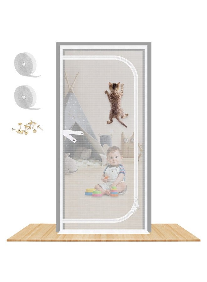 Reinforced Cat Screen Door, 32X82” Heavy Duty Pets Proof Screen Door With Bilateral Zipper, Prevent Dogs Cats Running Out From Home, Bedroom, Living Room, Kitchen Patio Door
