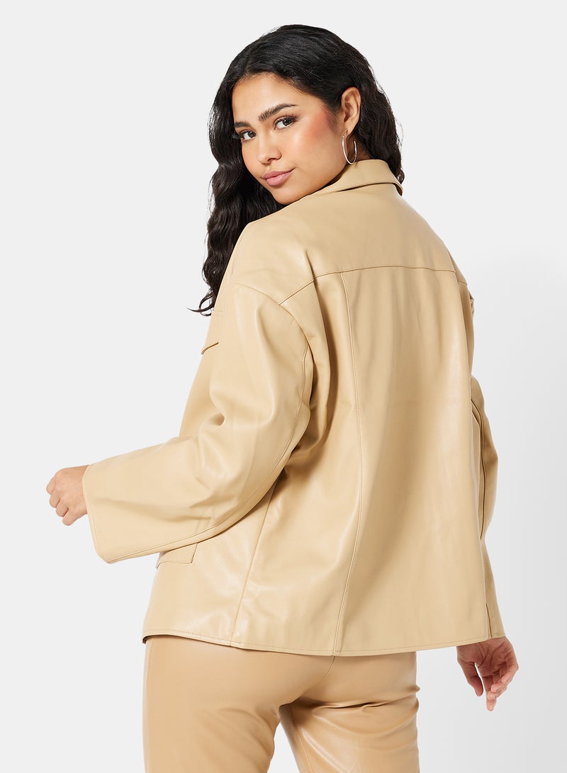 Faux Leather Jacket Beige