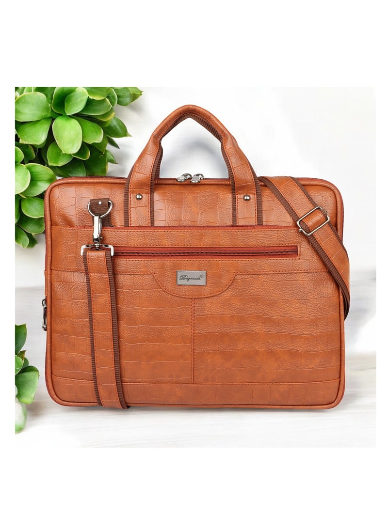 Croco PU Leather Laptop Messenger Bag for Men and Women), TAN (B978)