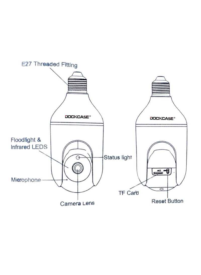 DOCKCASE 1080P Wireless WIFI Pan/Tilt Light Bulb Security Camera, 360 Degrees 3.0MP Cam Home  IP Camera, with Night Vision, Two Way Audio, Smart Motion Detection