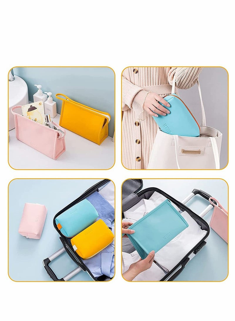 Pink Portable Cosmetic Bag Set 2Pcs Waterproof Zipper Pouch Travel Toiletries Organizer for Women and Girls PU Leather Small Accessory Case