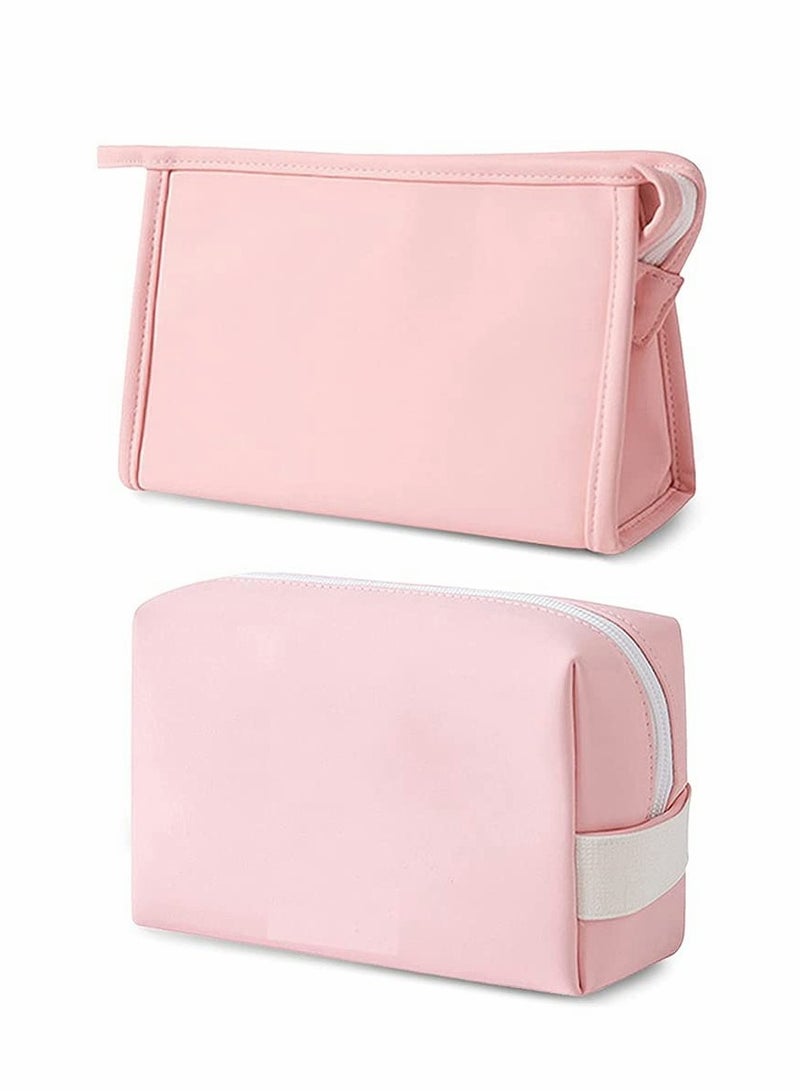 Pink Portable Cosmetic Bag Set 2Pcs Waterproof Zipper Pouch Travel Toiletries Organizer for Women and Girls PU Leather Small Accessory Case