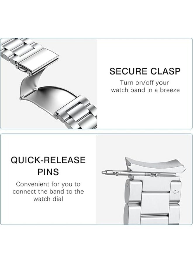 Silver Stainless Steel Metal Band for Samsung Galaxy Watch 7FE/6/5/4 (40mm/44mm) & Galaxy Watch 5 Pro (45mm), Galaxy Watch 6 Classic (43mm/47mm), Galaxy Watch 4 Classic (42mm/46mm) – Seamless No Gap Design