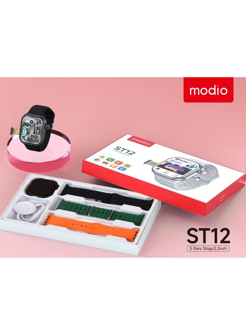 Modio ST12 Smart Watch 2.2 Inch Full Screen Display With 4G SIM card Support 3 Pair Straps and Wireless Charger For Ladies and Gents Black