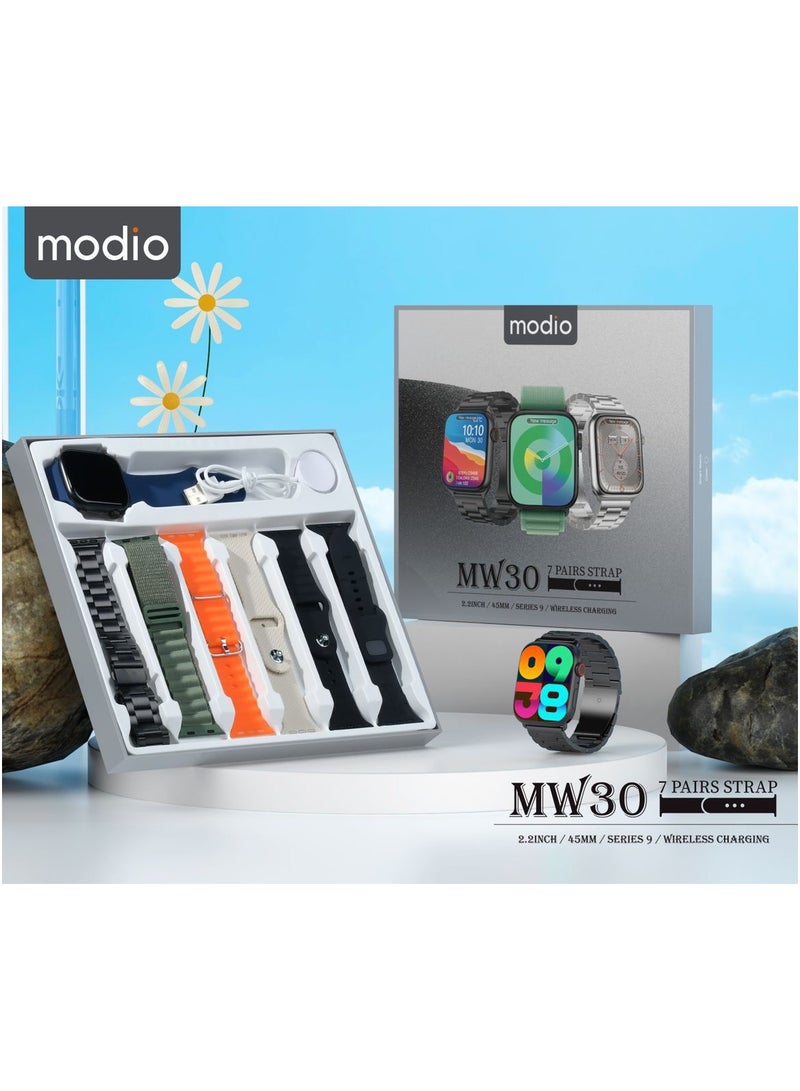 Modio MW30 Series 9 Smart Watch With 2.2 Inch Full Screen Display 7 Pair Straps and Wireless Charger Designed For Ladies and Gents Black