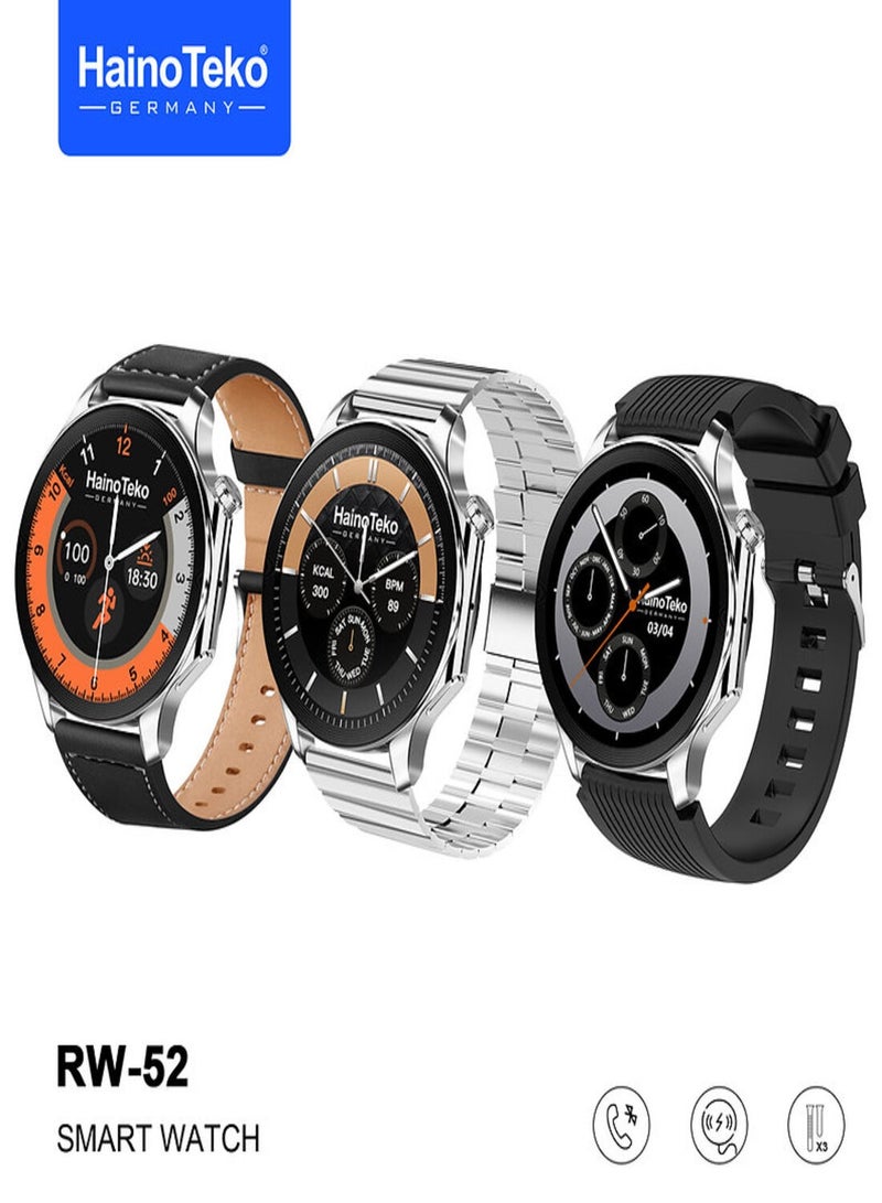 Germany RW52 Round Shape AMOLED Display Smart Watch With 3 Pair Straps For Mens and Boys Silver