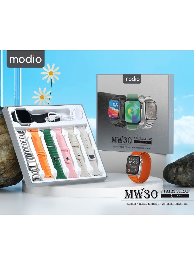 Modio MW30 Series 9 Smart Watch With 2.2 Inch Full Screen Display 7 Pair Straps and Wireless Charger Designed For Ladies and Gents Silver