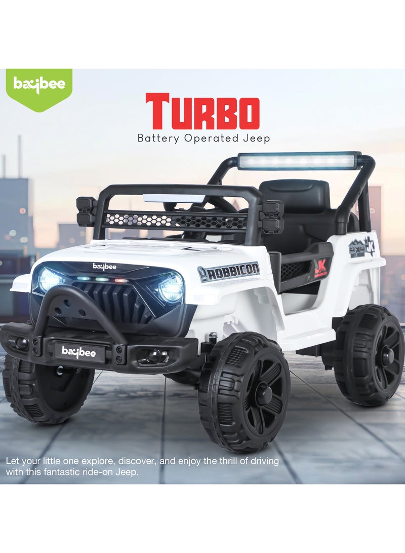 Baybee Turbo Battery Operated Jeep for Kids Rechargeable Battery Car for Kids with Music Led Light Ride On Kids Car Jeep Racing Baby Big Car Electric Car for Kids Childrens Boy Girl White