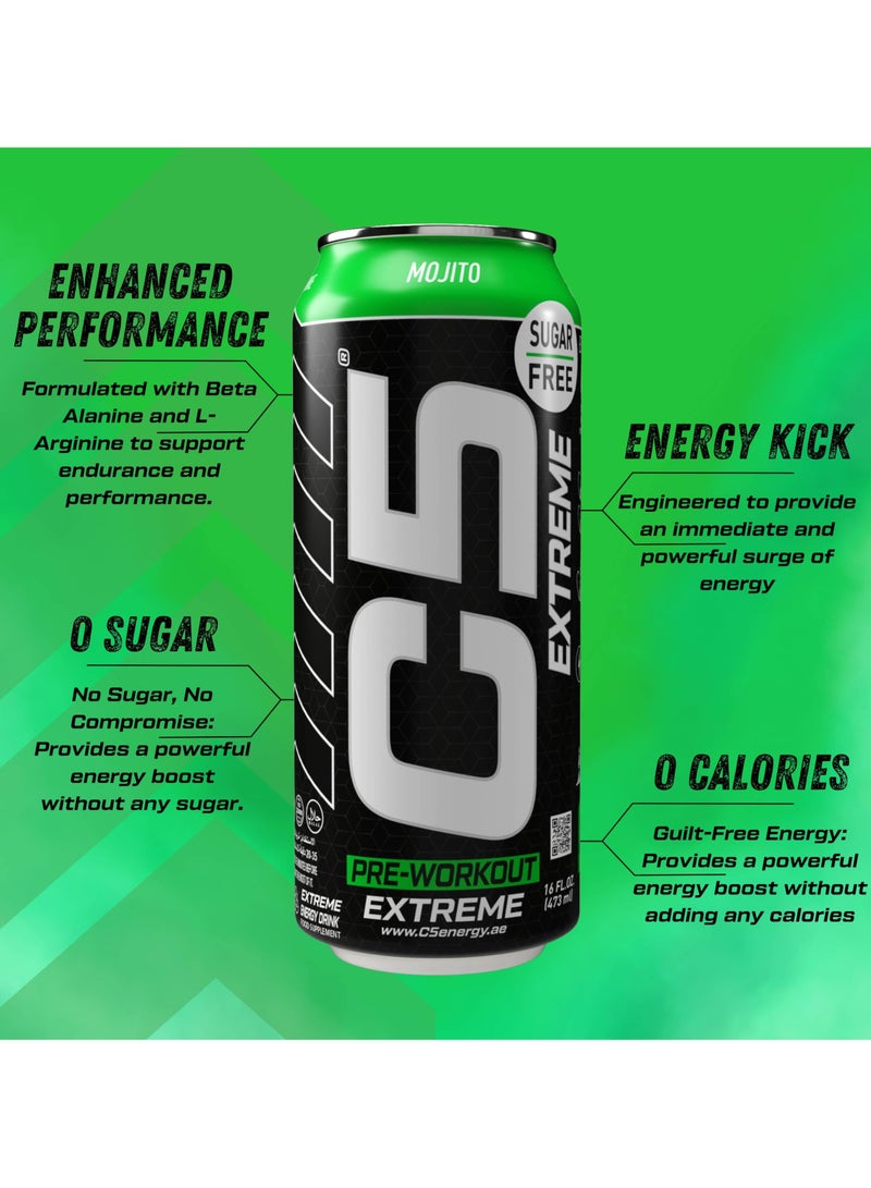 C5 Drink Extreme Mojito -  Pre Workout , Sugar Free, Zero Calories, 200mg High Caffeine, Creatine - Beta Alanine - Citrulline Malate High-Performance Pre-Workout Booster Supplement Pack of 12