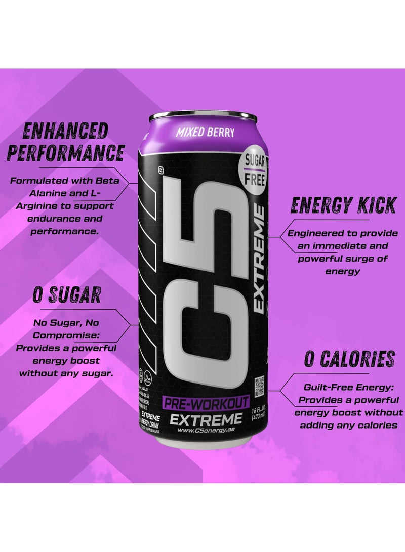 C5 Drink Extreme Mixed Berry - Pre Workout , Sugar Free, Zero Calories, 200mg High Caffeine, Creatine - Beta Alanine - Citrulline Malate High-Performance Pre-Workout Booster Supplement Pack of 12