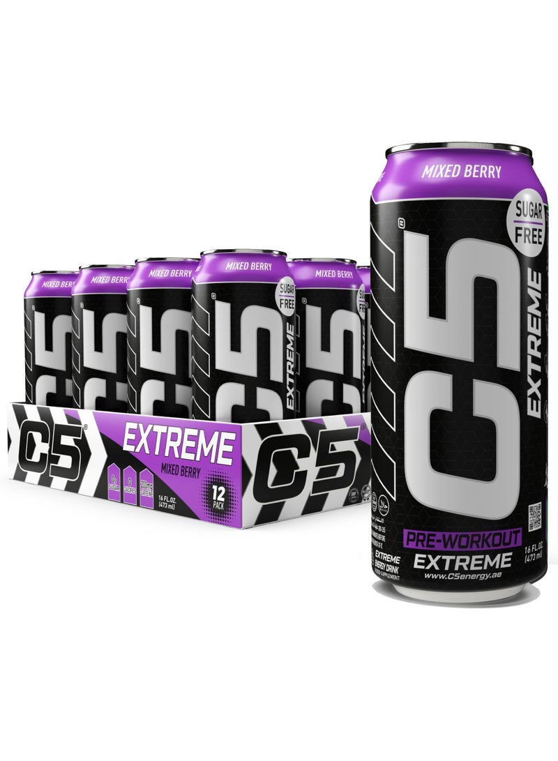 C5 Drink Extreme Mixed Berry -  Pre Workout , Sugar Free, Zero Calories, 200mg High Caffeine, Creatine - Beta Alanine - Citrulline Malate High-Performance Pre-Workout Booster Supplement Pack of 12