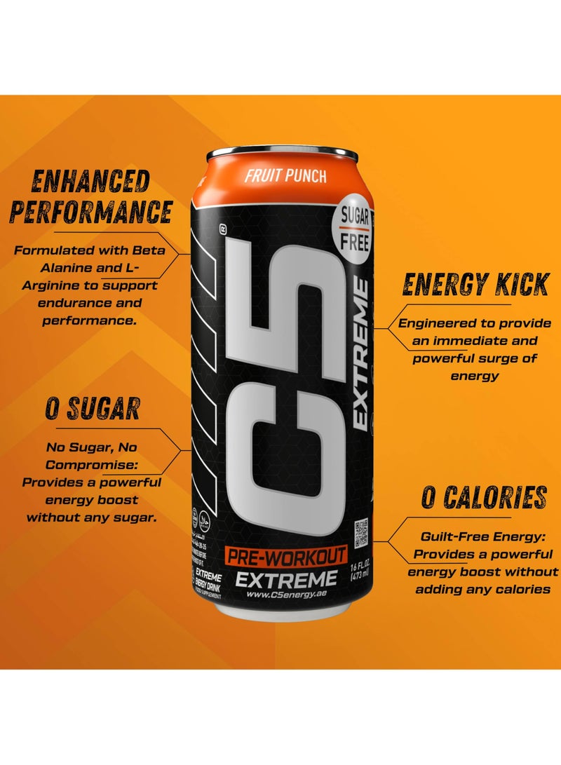 C5 Drink Extreme Fruit Punch -  Pre Workout , Sugar Free, Zero Calories, 200mg High Caffeine, Creatine - Beta Alanine - Citrulline Malate High-Performance Pre-Workout Booster Supplement Pack of 12