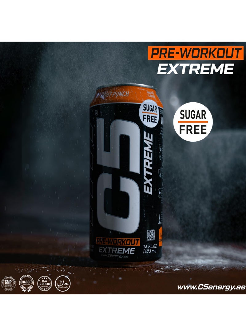 C5 Drink Extreme Fruit Punch -  Pre Workout , Sugar Free, Zero Calories, 200mg High Caffeine, Creatine - Beta Alanine - Citrulline Malate High-Performance Pre-Workout Booster Supplement Pack of 12