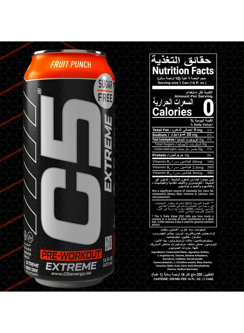 C5 Drink Extreme Fruit Punch -  Pre Workout , Sugar Free, Zero Calories, 200mg High Caffeine, Creatine - Beta Alanine - Citrulline Malate High-Performance Pre-Workout Booster Supplement Pack of 12