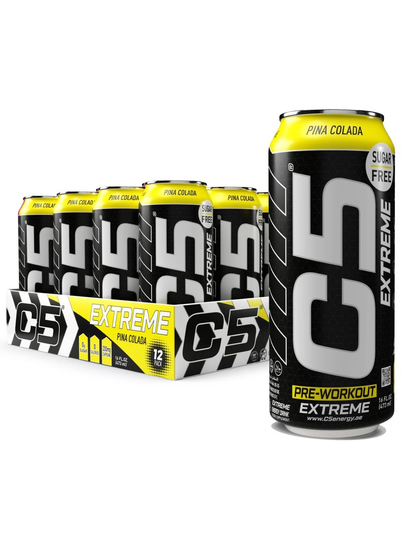 C5 Drink Extreme Pina Colada -  Pre Workout , Sugar Free, Zero Calories, 200mg High Caffeine, Creatine - Beta Alanine - Citrulline Malate High-Performance Pre-Workout Booster Supplement Pack of 12