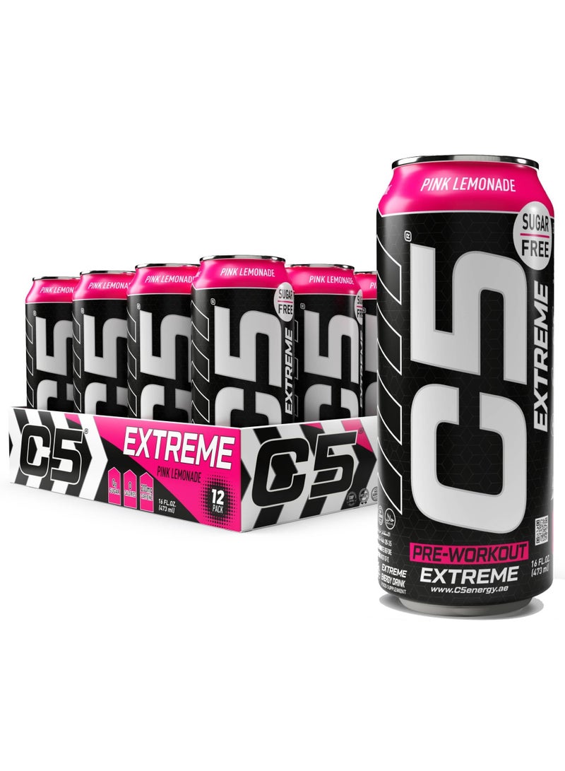 C5 Drink Extreme Pink Lemonade -  Pre Workout , Sugar Free, Zero Calories, 200mg High Caffeine, Creatine - Beta Alanine - Citrulline Malate High-Performance Pre-Workout Booster Supplement Pack of 12