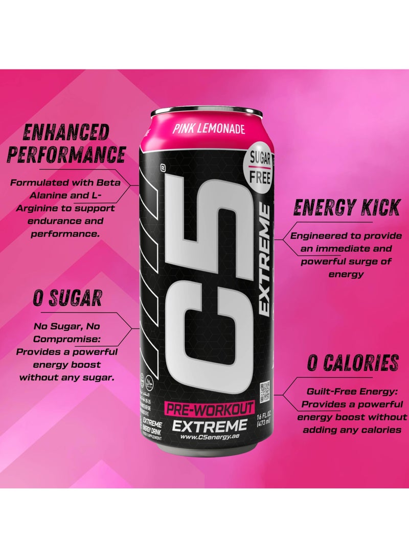 C5 Drink Extreme Pink Lemonade - Pre Workout , Sugar Free, Zero Calories, 200mg High Caffeine, Creatine - Beta Alanine - Citrulline Malate High-Performance Pre-Workout Booster Supplement Pack of 12