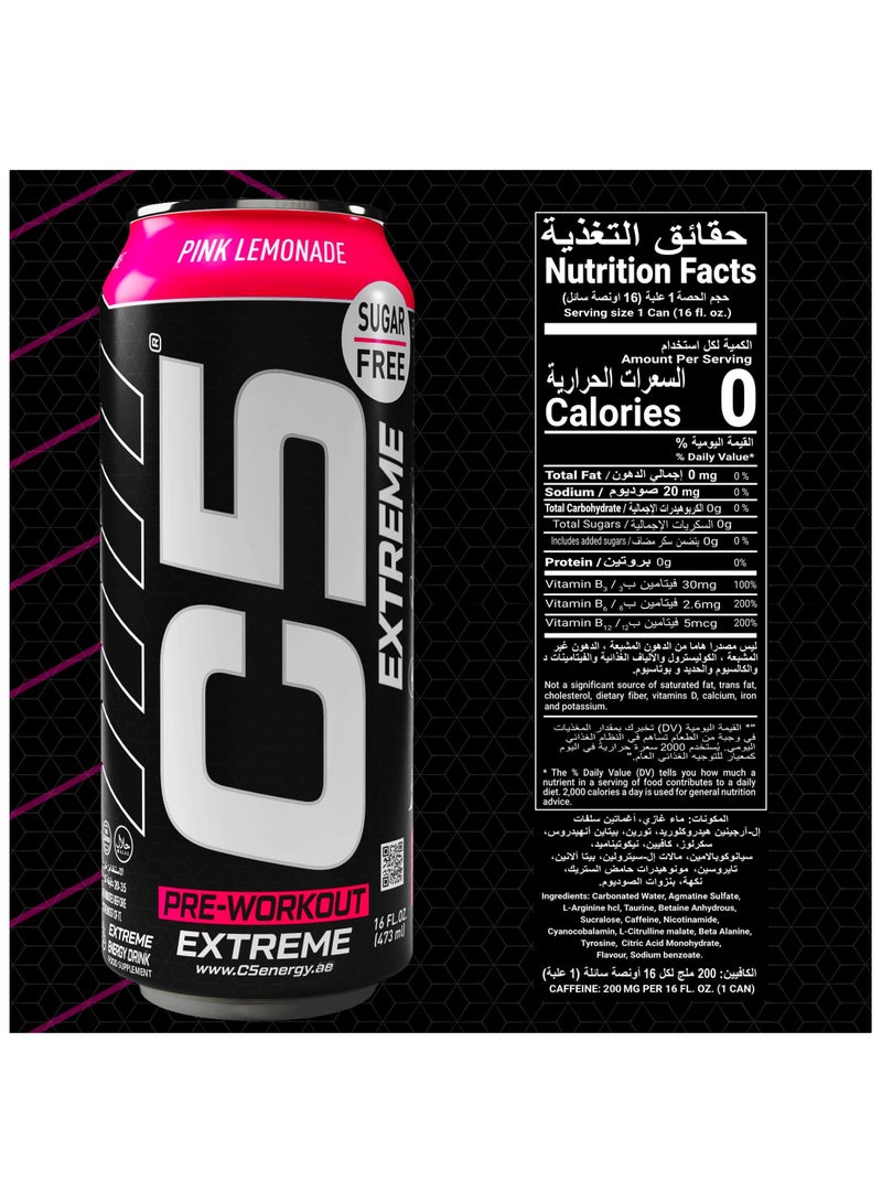 C5 Drink Extreme Pink Lemonade - Pre Workout , Sugar Free, Zero Calories, 200mg High Caffeine, Creatine - Beta Alanine - Citrulline Malate High-Performance Pre-Workout Booster Supplement Pack of 12