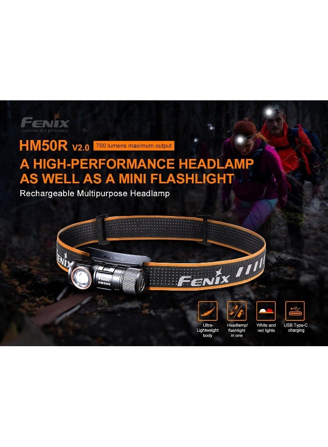 Fenix HM50R v2.0 Headlamp, 700 Lumen USB-C Rechargeable Lightweight with White/Red Light, with Lumentac Organizer