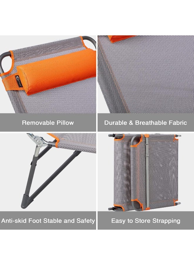 PORTAL Adjustable Portable Cot for Adults, Folding Chair, 4-Position Recliner with 250lbs Weight Capacity Lounger, Travel, Camping, Beach, and Hiking, Grey, Orange