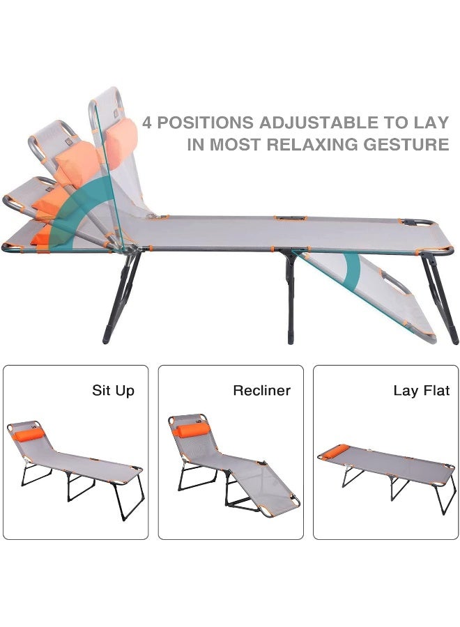 PORTAL Adjustable Portable Cot for Adults, Folding Chair, 4-Position Recliner with 250lbs Weight Capacity Lounger, Travel, Camping, Beach, and Hiking, Grey, Orange