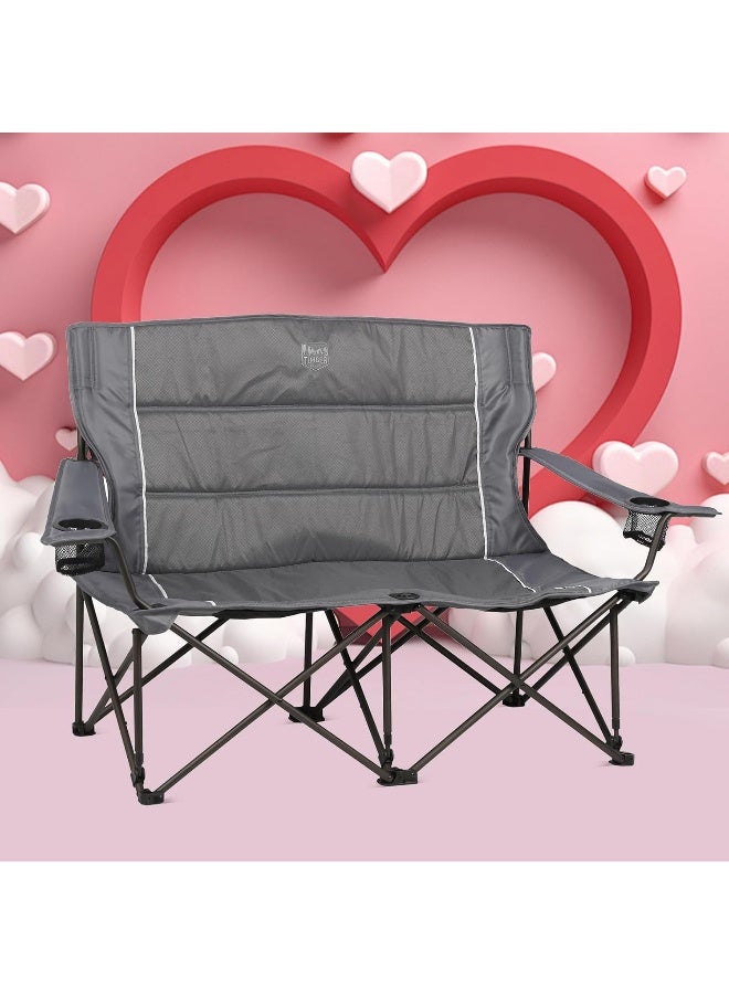 TIMBER RIDGE 2 Person Folding Loveseat Comfortable Double Foldable Camping Chair Folding Lawn chairs for Outside, Grey