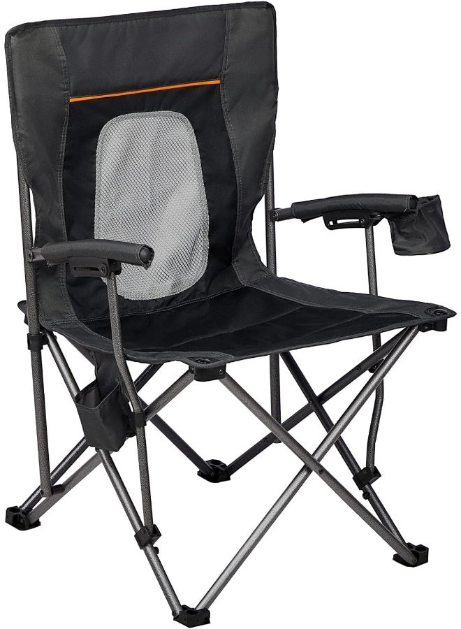 PORTAL Camping Chair Folding Portable Quad Mesh Back with Cup Holder Pocket and Hard Armrest, Supports 300 Lbs, Black, Regular