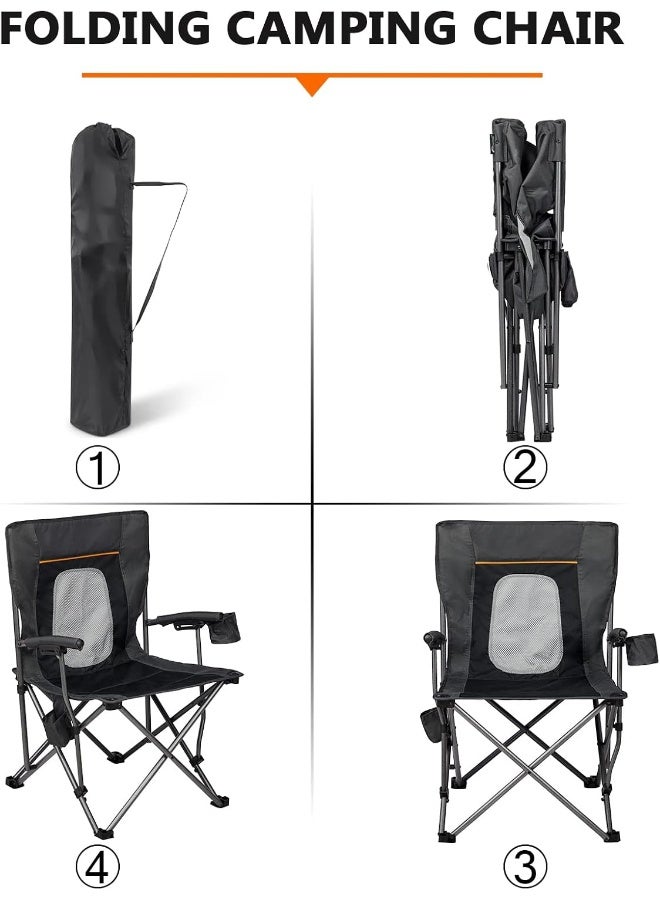 PORTAL Camping Chair Folding Portable Quad Mesh Back with Cup Holder Pocket and Hard Armrest, Supports 300 Lbs, Black, Regular