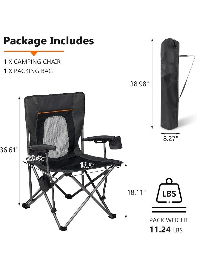 PORTAL Camping Chair Folding Portable Quad Mesh Back with Cup Holder Pocket and Hard Armrest, Supports 300 Lbs, Black, Regular
