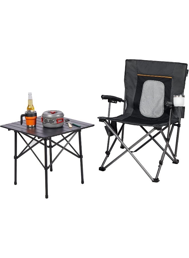 PORTAL Camping Chair Folding Portable Quad Mesh Back with Cup Holder Pocket and Hard Armrest, Supports 300 Lbs, Black, Regular