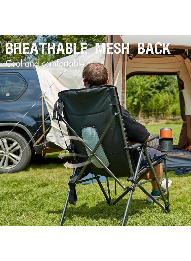 Portal Oversized Quad Folding Camping Chair High Back Cup Holder Hard Armrest Storage Pockets Carry Bag Included, Support 300 lbs, Black