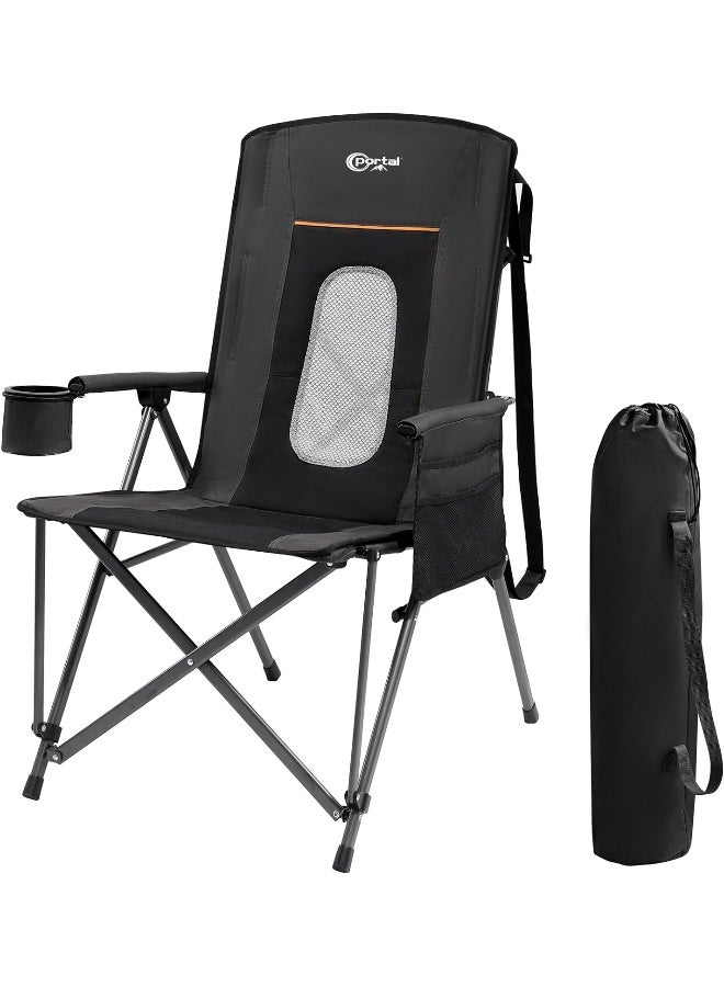Portal Oversized Quad Folding Camping Chair High Back Cup Holder Hard Armrest Storage Pockets Carry Bag Included, Support 300 lbs, Black